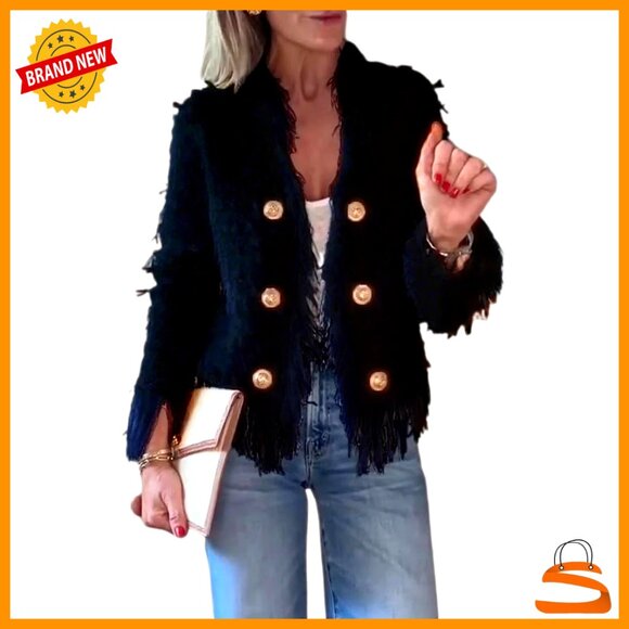Jackets & Blazers - Tweed Blazer Cropped Open Front Fringe Jacket Cable Knit Lightweight Casual